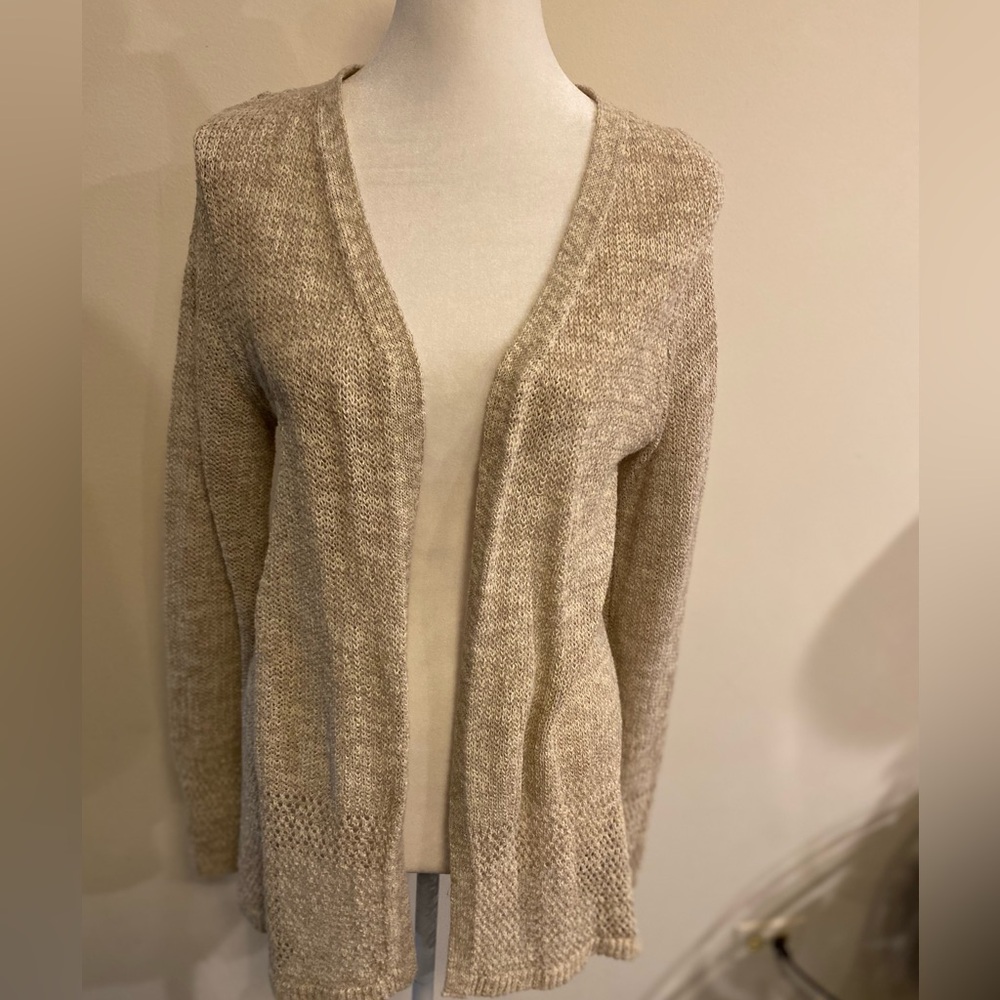 Tahari open front linen tan  cardigan size Large